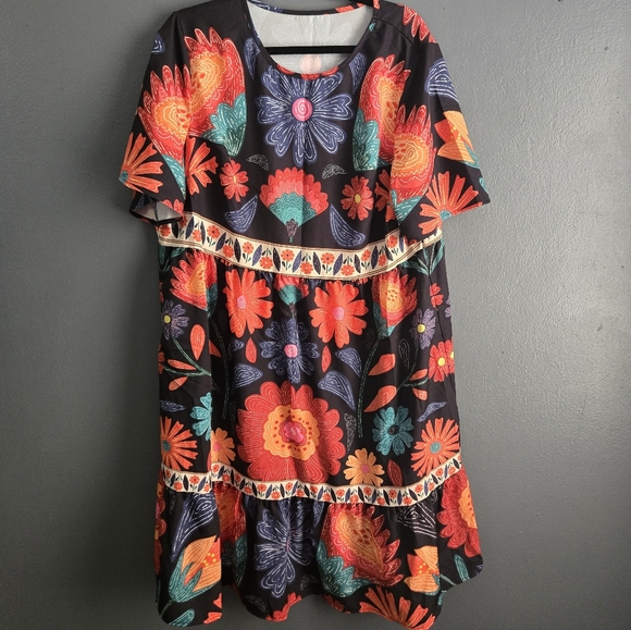 Emery Rose Dresses & Skirts - Emery Rose Bohemian Floral Midi Dress - Black and Orange